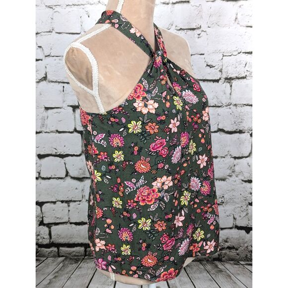 LOFT Summery Boho Cottage Floral Linen-Blend Halter Tank in Fresh Thyme Size XS - Picture 4 of 8